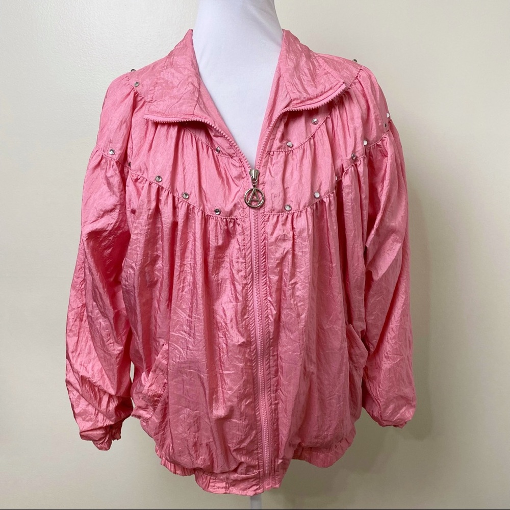 Vintage 80s Aldofo Sport Pink Zip Up Windbreaker Jacket Medium Lightweight Retro